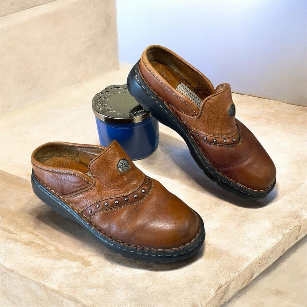 Double H Women's 8 Brown Tooled Leather Studded Slip On Mule Western Clogs Shoes